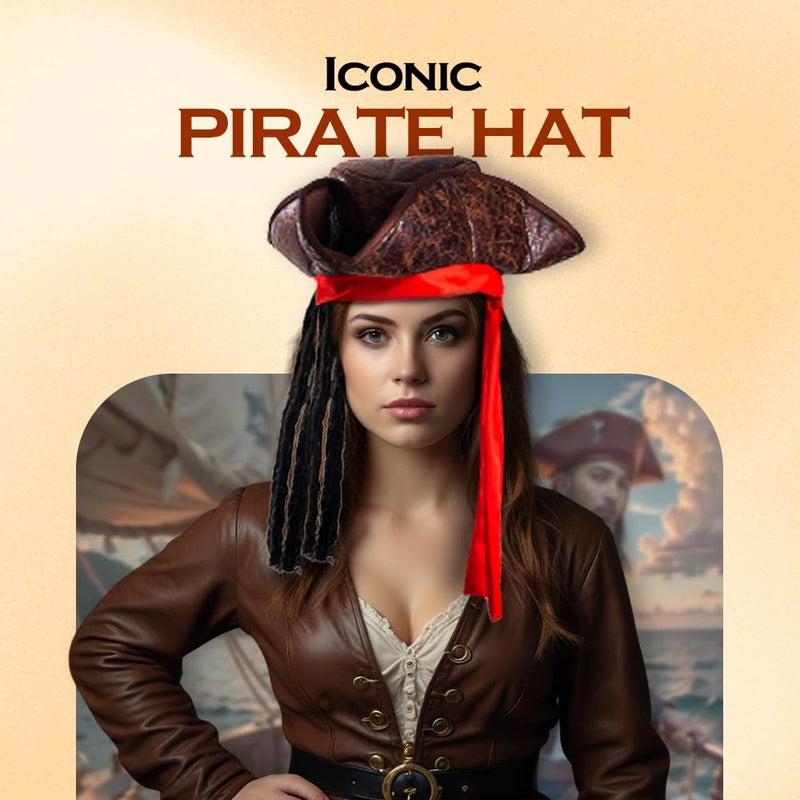 Tigerdoe Pirate Hat with Dreadlocks - Tricorn Hat - Caribbean Pirate Costume Accessories (3 Pc Set), Brown - Image 5
